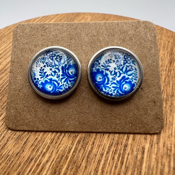 Classic Silver & Blue Stud Earrings - Stylish Blue Trendy Small Earrings - Picture 13 of 13